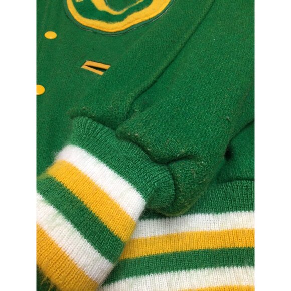 Vintage Hutchers Mens Letterman Jacket Sz M Green Yellow Wool Blend Band C Patch - Picture 12 of 13